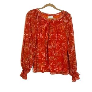 Aura Floral Blouse Autumn Red Orange Pleated Size Medium